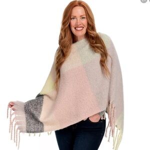 Tahari Boucle Knit Color Block Fringe Detailed Poncho one size new with tags